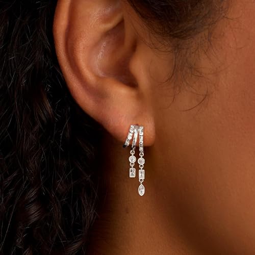 Dangle Earrings for Women,14k Gold Plated Triple Huggie Stud Earrings Cute Statement Chain Earring Dainty Drop Earrings for Women Trendy Gold Plated Jewelry - color: silver -dangle 4