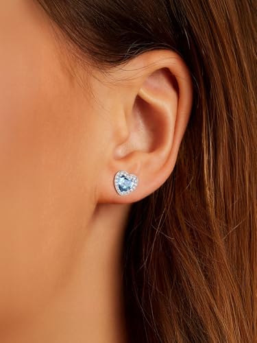 FindChic Birthstone Earrings for Women, Round/Heart/Square/Teardrop Earrings with 925 Sterling Silver Posts & Push Backs, Hypoallergenic Studs with Cubic Zirconia, 12 Months Jewelry with Gift Box - style: 03. March-Aquamarine (Heart-Silver)