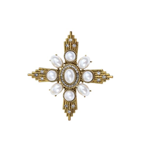Vintage Cross Rhinestones Pearl Brooches Lapel Pins for Women Men Elegant Gold Plated Crystal Oval Pin for Dresses Suit Bouquet Ceremony Accessories Fashion Jewelry