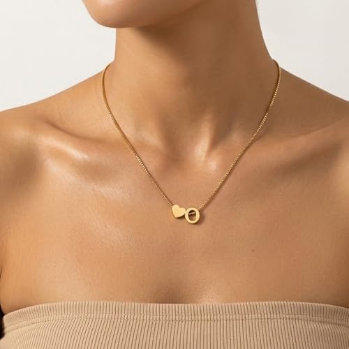 18K Real Gold Plated Heart Initial Necklace for Women-Personalized A-Z Letter Pendant on Durable Stainless Steel Box Chain (16+2.5 inch Adjustable) Hypoallergenic Everyday Jewelry Gift Boxed for Mom Wife - style: Gold:O