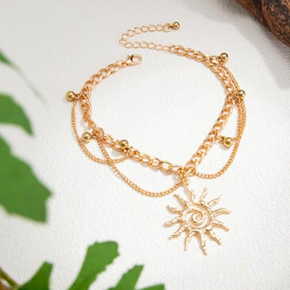 Gold Anklet for Women, Spiral Sun Charm Layered Boho Beach Ankle Bracelet Adjustable Double Chain Summer Beachy Ocean Jewelry Gift - color: Gold Sun