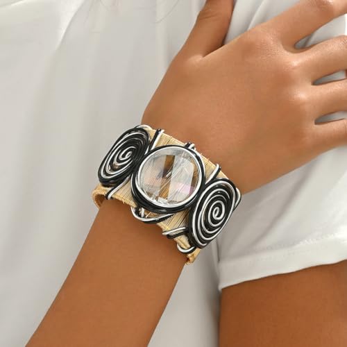 Chunky Cuff Bracelets for Women Wide Gold/Silver Cuffs Bangle Hollow Out Adjustable Bracelets Punk Vintage Jewelry - style: GRound B