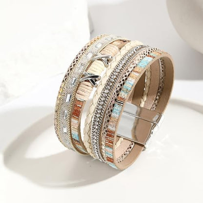 VIBILIA Boho Leather Wrap Bracelets for Women Multi-Layer Bracelets | With Strong Clasp Jewelry for Women - color: 02-XxMilletBead-Khaki