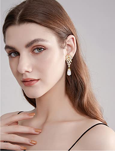 CZ Bridal Earrings for Wedding - 14k Plated Sterling Silver Elegant Teardrop Cubic Zirconia Crystal Rhinestone Floarl Leaf Cluster Chandelier Statement Dangle Drop Earrings for Bride Bridesmaids Party - color: Yellow Gold