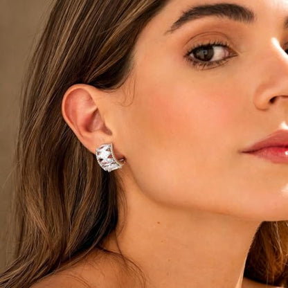 CZ Huggie Hoop Earrings for Women | Sparkly Cubic Zirconia, Small Hoop, Lightweight, Everyday Fashion Jewelry - color: Marquise CZ - Silver