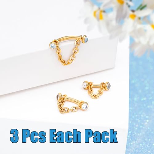3 Pcs 316L Stainless Steel 16G Tragus Helix Rook Piercing Jewelry with Chain, Cartilage Earrings for Women, Belly Button Ring Vertical Labret Lip Piercing Jewelry - color: Gold, size: Full Setting
