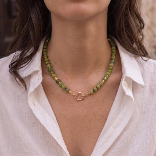 BELLA-Bee Natural Stone Beaded Choker, Multi Color Boho Jewelry Gift | Small bead natural stone choker with stainless steel ring clasp — multicolor stone, handmade healing jewelry for vacation - color: Green