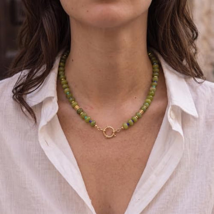 BELLA-Bee Natural Stone Beaded Choker, Multi Color Boho Jewelry Gift | Small bead natural stone choker with stainless steel ring clasp — multicolor stone, handmade healing jewelry for vacation - color: Green