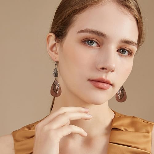 Bohemian Lightweight Vintage Copper Wooden Teardrop Feather Dangle Drop Earrings Retro Handmade Leaf Hook Earrings for Women