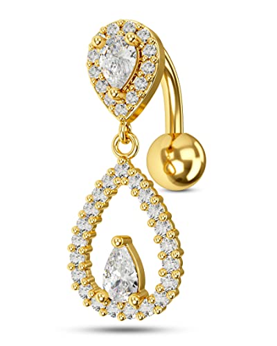 Top Down Belly Button Rings 14g Cute CZ Heart Belly Button Rings for Women Dangle Tear Drop Belly Ring Belly Piercing Jewelry - color: Gold
