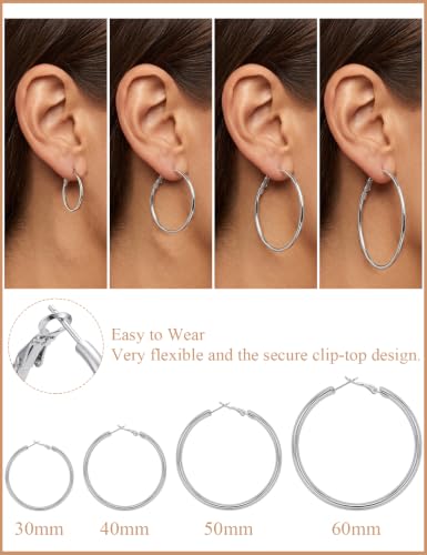 4/5/6 Pairs Gold Hoop Earrings for Women, Hypoallergenic Silver Gold Plated Stainless Steel Huggie Hoop Earrings Set Trendy Jewelry Gifts Lightweight 30/40/50/60/70MM - color: 4 Pairs silver Plated Hoop Earrings-30/40/50/60