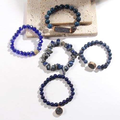 Yomisa 5PCS 6PCS Natural Boho Beaded Bracelets/Bangle for Women Men,Healing Turquoise Jasper Agate Crystal Gemstone Stone Chakra Multilayer Wrap Bohemian Handmade Jewelry Beads Stretch Bracelet Set - color: 5PCS-Deep blue