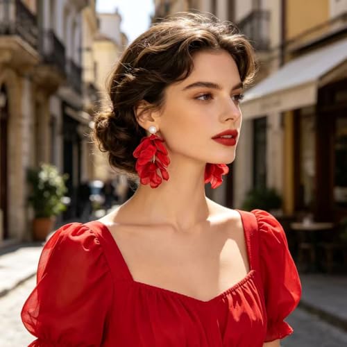 Handmade Bohemian Lightweight Fabric Flower Dangle Drop Earrings Chic Pearl Large Tassel Petal Stud Earrings For Women - color: Red