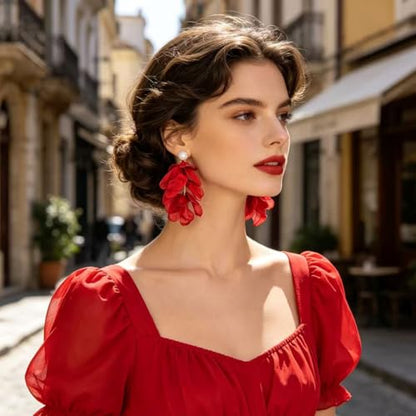 Handmade Bohemian Lightweight Fabric Flower Dangle Drop Earrings Chic Pearl Large Tassel Petal Stud Earrings For Women - color: Red