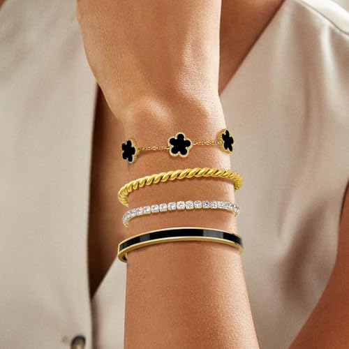 MOINSPIRE Gold Bracelets for Women, 18K Gold Plated Tennis Nail Clover love Bangle Bracelets Set Non Tarnish, Stainless Steel Trendy Stackable Bracelet Fashion Jewelry Accessories Gifts for Christmas - color: B2-Black