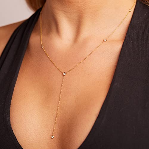 Lariat Gold Necklaces for Women Trendy Dainty Long Necklace 14k Gold Plated/Silver Layered Drop Beaded Chain Necklaces Y-shaped Pendant Necklace Simple Gold Jewelry Gifts - color: 5 CZ-Gold