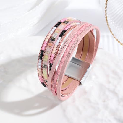 Women's Multi Layer Leather Wrap Bracelet String Bracelets for Women, Boho Braid Multi-Layer Crystal Beads Cuff Women Bracelet Jewelry - color: Pink