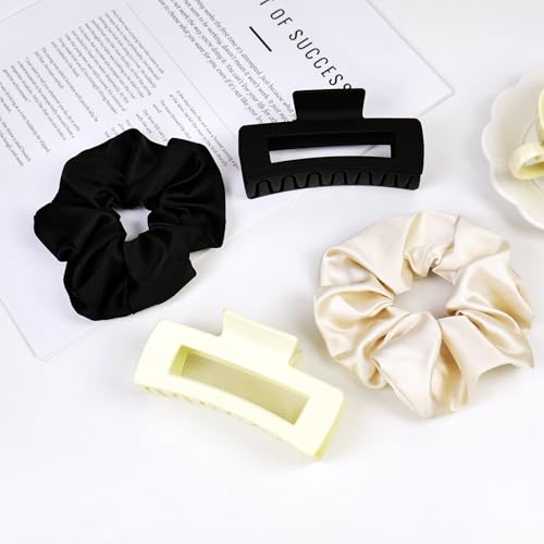 8 Pcs Claw Clips and Hair Scrunchies Set – Square Hair Clips for Women, Medium Non-Slip Matte, Large Satin Scrunchies, Hair Accessories for Thick Thin Hair, Party, Daily Use, Black&Beige - color: Classic Black & Cream
