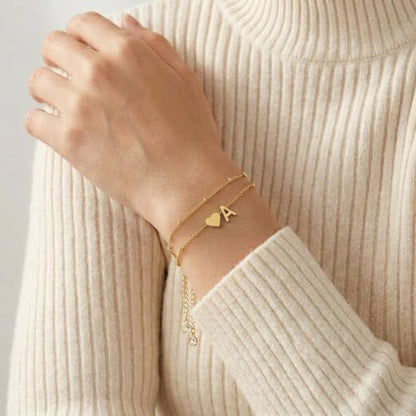Gold Plated Layered Initial Charm Bracelet for Women - Personalized A-Z Letter Jewelry with Satellite Chain, Adjustable Bracelet Gift for Her, Everyday Wear - color: Gold-A
