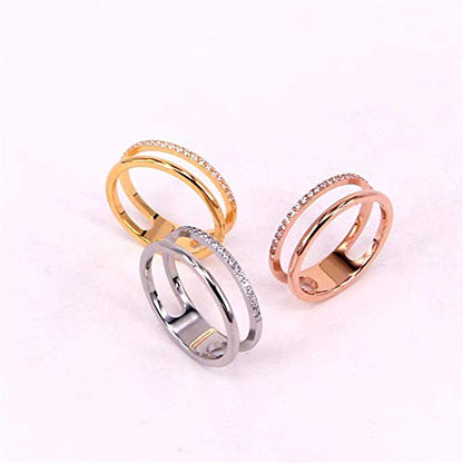 Women's Stainless Steel Cubic Zirconia Ring Knuckle Midi Stacking Double Lines Eternity Bands - color: Silver