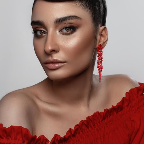 EVER FAITH Rhinestone Crystal Art Deco Statement Clip-on Earring, Wedding Prom Long Chandelier Dangle Earrings for Women - color: Red Black-Tone