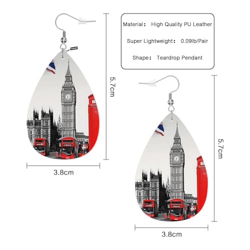 London Street Woman Earrings, Retro British Architecture Big Ben Double Decker Bus Telephone Booth Lightweight Leather Dangle Teardrop Earrings Jewelry For Ladies Friends - color: London Street
