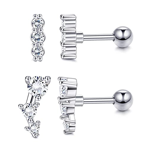 10 Pairs 3mm CZ Stud Earrings Stainless Steel Ball Stud Earrings Barbell Cartilage Flatback Earrings Set for Women Men Helix Piercing Jewelry Silver Gold Rose Gold Black Rainbow - color: Silver Sparkling CZ- 2Pcs
