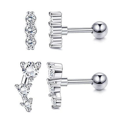 10 Pairs 3mm CZ Stud Earrings Stainless Steel Ball Stud Earrings Barbell Cartilage Flatback Earrings Set for Women Men Helix Piercing Jewelry Silver Gold Rose Gold Black Rainbow - color: Silver Sparkling CZ- 2Pcs