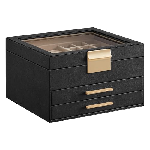 SONGMICS GISELLA Collection - Jewelry Box Organizer, 3-Layer Jewelry Storage with 2 Drawers, Shiny Metal Hardware, Glass Lid, Modern, 8 x 9.1 x 5.3 Inches, Graphite Black and Gold Color UJBC239B03 - color: Ink Black + Gold, size: 3 Layer (8"d X 9.1"w)