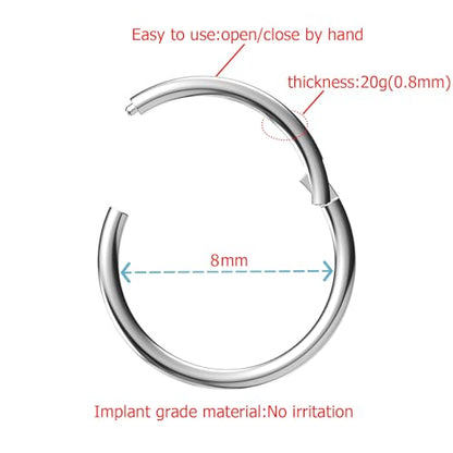 4G/6G/8G/10G/12G/14G/16G/18G/20G Hypoallergenic Nose Hoop Rings Steel Hinged Clicker Segment Gold/Rose Gold/Black/Pink Color - style: 1pc: 20g×8mm Silver-tone