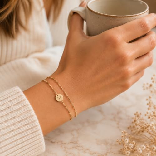 Glimmerst Initial Bracelet for Women 18K Gold Plated Stainless Steel Layered Coin Letter Bracelet Beaded Chain Personalized Name Bracelet - color: G Gold