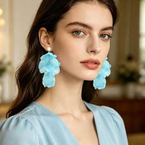 Handmade Bohemian Lightweight Fabric Flower Dangle Drop Earrings Chic Pearl Large Tassel Petal Stud Earrings For Women - color: Mint Blue