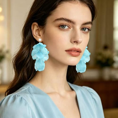 Handmade Bohemian Lightweight Fabric Flower Dangle Drop Earrings Chic Pearl Large Tassel Petal Stud Earrings For Women - color: Mint Blue