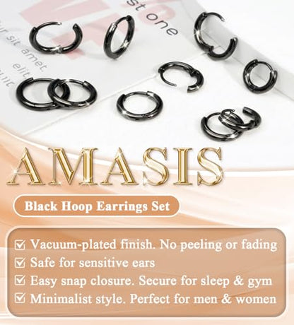 Surgical Steel Huggie Hoop Earrings & Flat Back Studs for Women Men, 6mm-14mm Small Hoops for Cartilage Helix Tragus Lobe, 1-10 Pairs Multiple Piercing Jewelry Set for Sensitive Ears - style: 1Pair,Black,8mm(THK:2mm)