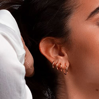 PABBEU 925 Sterling Silver Small Hoop Earrings Set for Women Hypoallergenic | 3Pairs Cubic Zirconia Small Huggie Hoop Earrings Set 13/15/20mm,Nickel-Free Lightweight Comfortable Sleeper Earrings Gift Set - color: 13/15/20mm T Rose Gold
