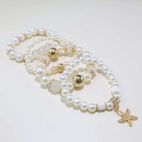 Bohemian Pearl Bracelet Set, 4 Piece Elastic Stretch Beaded Wrist Chain with Starfish Pendant, Boho Faux Pearl Multi-Color Stackable Bracelets for Women - color: Clear