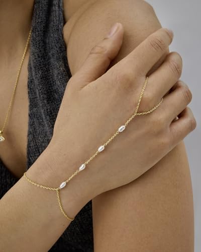 PAVOI Hand Chain Bracelet for Women, 14K Gold Plated Adjustable Ring Chain | Hand Chain Bracelet, Ring Bracelet Hand Chain, Arm & Body Jewelry - style: Pearl