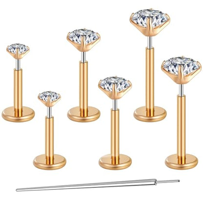 Gotumo 20G Flat Back Earrings Stud G23 Titanium Threadless Tragus Labret Cartilage Lip Medusa Conch Body Piercing Jewelry Hypoallergenic for Women Men - color: Rose Gold 16G Bar-6/7/8mm&CZ-2/3/4mm