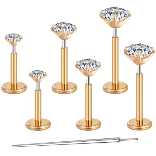 Gotumo 20G Flat Back Earrings Stud G23 Titanium Threadless Tragus Labret Cartilage Lip Medusa Conch Body Piercing Jewelry Hypoallergenic for Women Men - color: Rose Gold 20G Bar-6/7/8mm&CZ-2/3/4mm