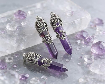 Top Plaza Flower Wrapped Natural Purple Amethyst Crystal Necklace | Antique Silver Healing Crystal Gemstone Necklaces for Women Mothers Day Mom Gifts - color: Amethyst