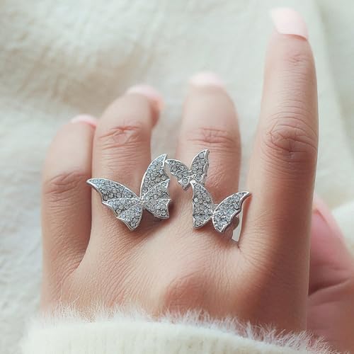 Butterfly Rings for Women Dainty Cubic Zirconia Open Butterfly Finger Ring Adjustable Rhinestone Double Butterfly CZ Crystal Adjustable Cuff Animal Statement Rings Delicate Jewelry for Party