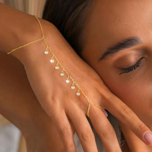 MFRYK Gold/Silver Bracelets For Women,Trendy 14k Gold/Silver Plated lightweight Dainty Chunky Thin Cuban Link Paperclip Chain Tennis Bangle Bracelets Stack Set,Ring Hand Chain Bracelet,Gold Jewelry Gift For Women Fashion Accessories - style: 7CZ hand chai