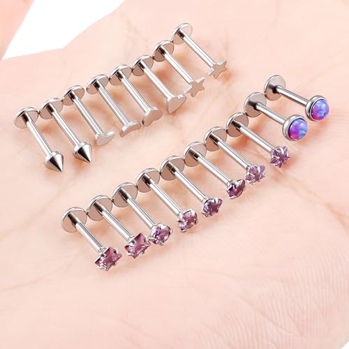Threadless Noses Rings, Flat Back Earrings, 20/18/16g-Gauge 5/16in-Post 3mm-Top, Hypoallergenic Surgical Steel Medusa Lip Labret Cartilage Helix Tragus Conch Piercing Jewelry for Women Men - color: Purple, size: 16g*8mm