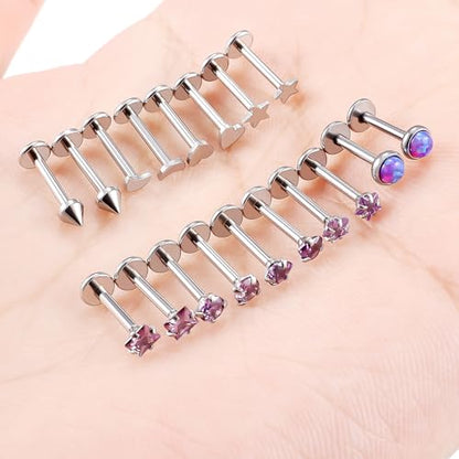 Threadless Noses Rings, Flat Back Earrings, 20/18/16g-Gauge 5/16in-Post 3mm-Top, Hypoallergenic Surgical Steel Medusa Lip Labret Cartilage Helix Tragus Conch Piercing Jewelry for Women Men - color: Purple, size: 16g*8mm