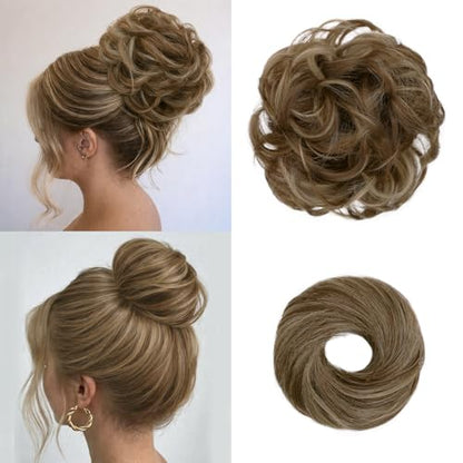 2PCS Messy Bun Hair Pieces Synthetic Hairpieces For Women | Messy Bun and Donut Bun in one set for natural-looking volume and elegant updos for every occasion. - color: Honey Blonde Mix Ash Blonde