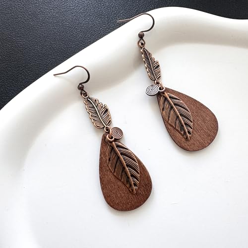 Bohemian Lightweight Vintage Copper Wooden Teardrop Feather Dangle Drop Earrings Retro Handmade Leaf Hook Earrings for Women