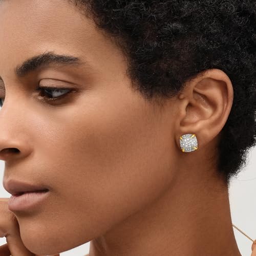 MEVECCO Pave Cubic Zirconia Stud Earrings for Women, 18K Gold Plated Brass | Pave CZ Fronts, Curved Gold Plated Edge Accents, Soft Motifs and Clean Geometric Styles - style: square