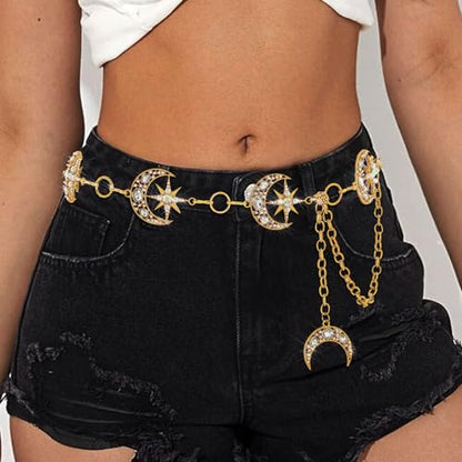 Rhinestone Moon Chain Belt Sparkly Star Waist Chain Adjustable Body Jewley for Women Dress Belt Accessory - style: Gold moon star C
