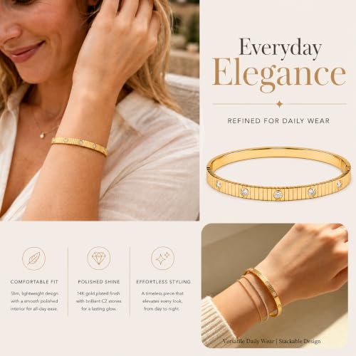 AuraLyric Gold Bracelets for Women, 14K Gold Plated Nail/Love/Emerald Green/Teardrop/Round White CZ Bangle Bracelets, Stackable Gold Bangles Non Tarnish, Gifts for Wife Mom Daughter 6.5 Inch - color: White CZ - Bezel Set