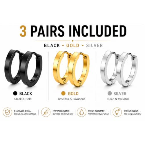3 Pairs Stainless Steel Huggie Hoop Earrings for Men and Women – Black, Gold & Silver Hinged Hoop Set – Hypoallergenic Small Clicker Earrings for Everyday Wear